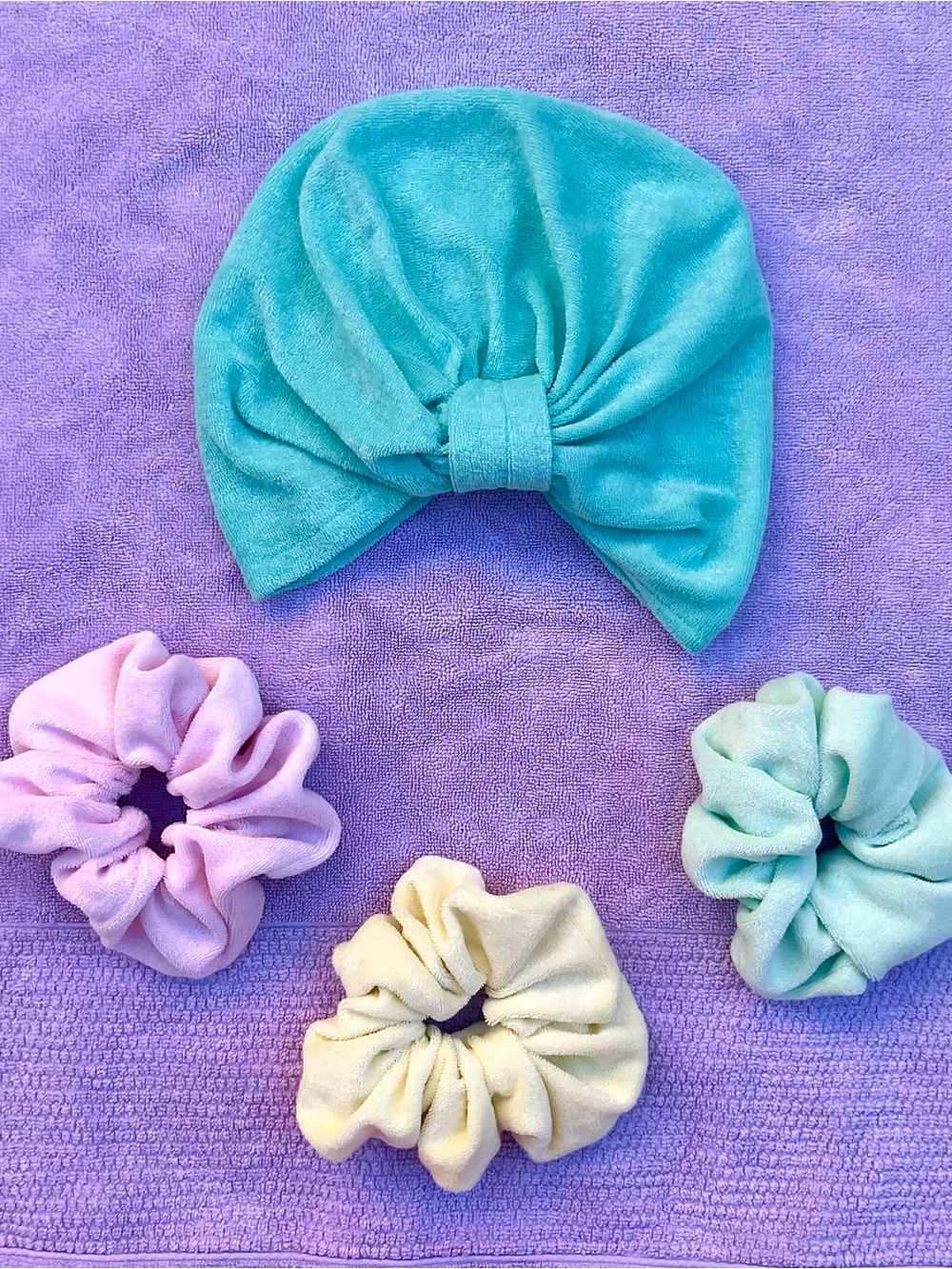 Bundle .• Pastel Terry Cloth Jumbo Scrunchies & Turban Hair Towel